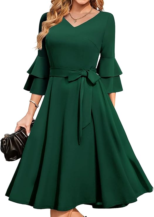 Women's Plus Size 3/4th Bell Sleeves Bridesmaid Dresses (Bottle Green)