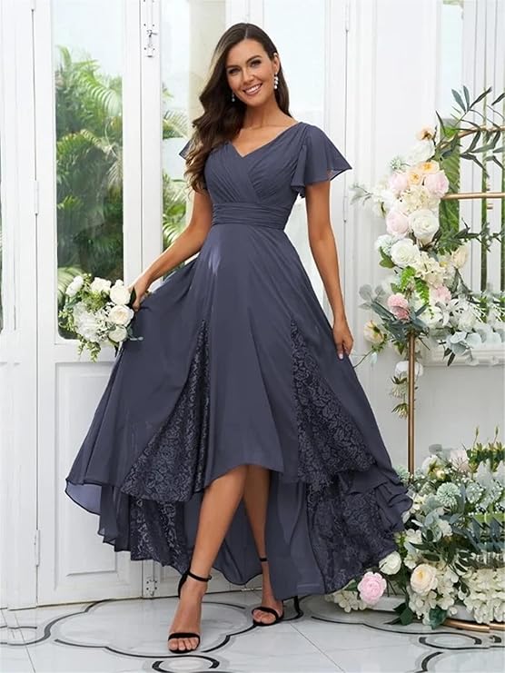 Tea Length Mother of The Bride Dresses for Wedding 2024 Lace Ruffle Sleeves Chiffon Ruched Bridesmaid Formal Dress(Desert Rose)