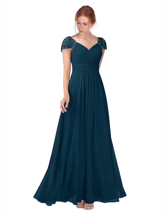 Women's Lace V Neck Prom Dress Long Chiffon Bridesmaid Dresses Formal Evening Gowns（Steel Blue）