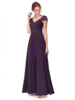 Women's Lace V Neck Prom Dress Long Chiffon Bridesmaid Dresses Formal Evening Gowns(Purple)