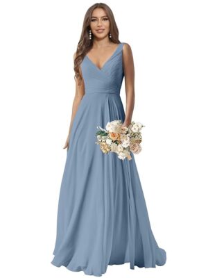 Women's V-Neck Chiffon Bridesmaid Dress Long A-line Formal Evening Prom Gowns(Blue)