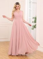 Women's V-Neck Chiffon Bridesmaid Dress Long A-line Formal Evening Prom Gowns(Pink)