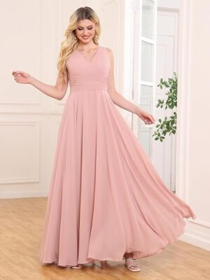 Women's V-Neck Chiffon Bridesmaid Dress Long A-line Formal Evening Prom Gowns(Pink)