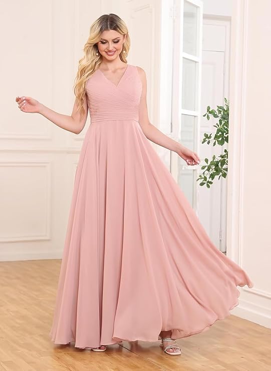 Women's V-Neck Chiffon Bridesmaid Dress Long A-line Formal Evening Prom Gowns(Pink)