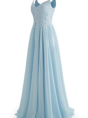 V-Neck Bridesmaid Dresses for Women 2024 Lace Appliques Chiffon Prom Dress Formal Evening Party Gowns(Blue)