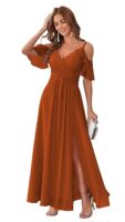 Women's Cold Shoulder Chiffon Bridesmaids Dresses with Slit Long Formal Party Dress for Junior (Burnt Orange)