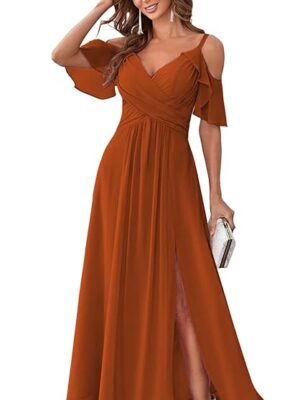 Women's Cold Shoulder Chiffon Bridesmaids Dresses with Slit Long Formal Party Dress for Junior (Burnt Orange)