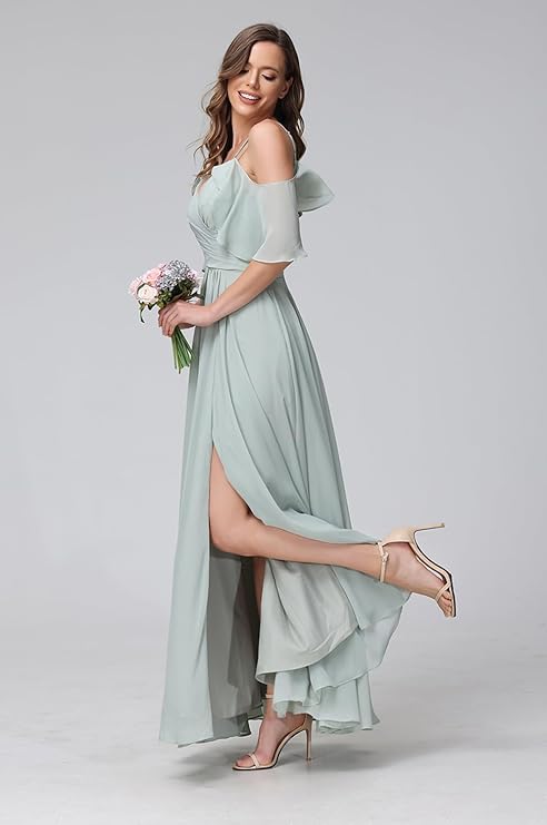 Women's Cold Shoulder Chiffon Bridesmaids Dresses with Slit Long Formal Party Dress for Junior (Blue)