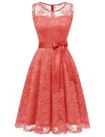 Women's Floral Lace Dress Short Bridesmaid Dresses with Sheer Neckline Coral