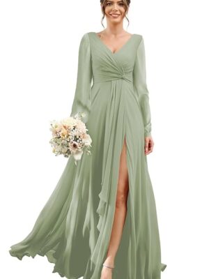 Chiffon Bridesmaid Dresses 2024 for Women with Slit V Neck Long Sleeve Flowy Formal Dresses with Pockets RO001 (Green)
