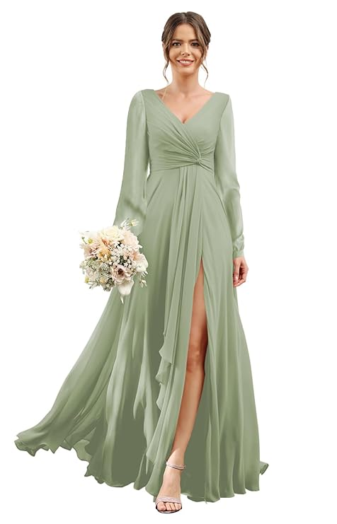 Chiffon Bridesmaid Dresses 2024 for Women with Slit V Neck Long Sleeve Flowy Formal Dresses with Pockets RO001 (Green)