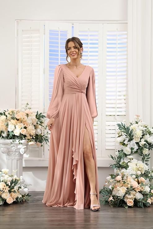 Chiffon Bridesmaid Dresses 2024 for Women with Slit V Neck Long Sleeve Flowy Formal Dresses with Pockets RO001 (Pink)
