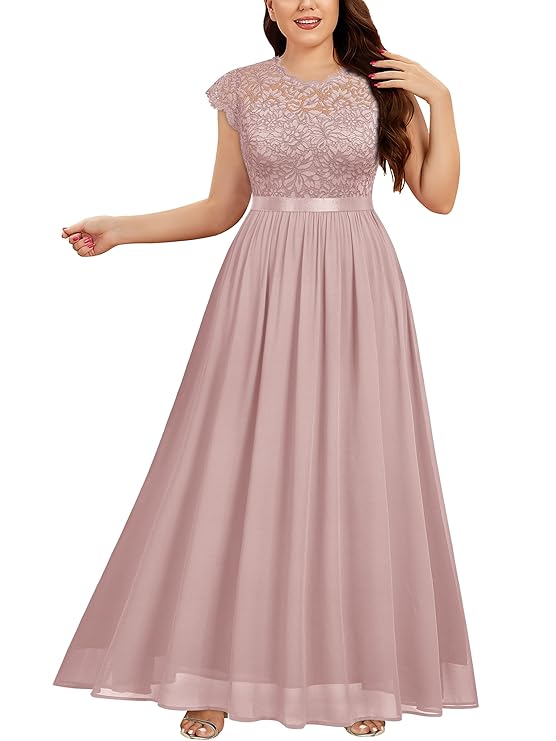 Women's Formal Floral Lace Plus Size Bridesmaid Party Maxi Dress, Pink, 3X-Large Plus
