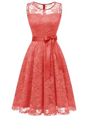Women's Floral Lace Dress Short Bridesmaid Dresses with Sheer Neckline Coral