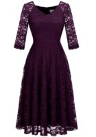 Long-Sleeve A-Line Lace Bridesmaid Dress Midi for Wedding Formal Party |Grape2 |XL