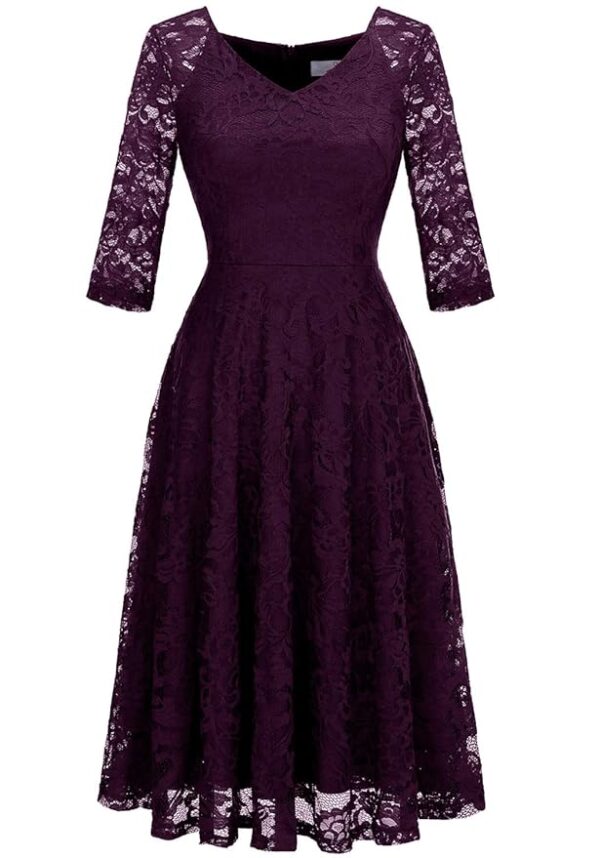 Long-Sleeve A-Line Lace Bridesmaid Dress Midi for Wedding Formal Party |Grape2 |XL