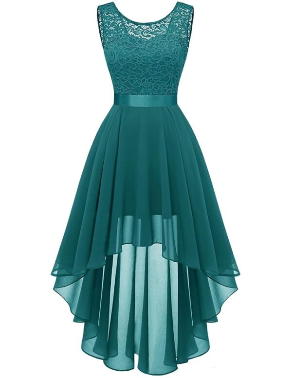 Women's Floral Lace Chiffon Bridesmaid Dress Hi-Lo Swing Party Dress, Peacock Green, Medium
