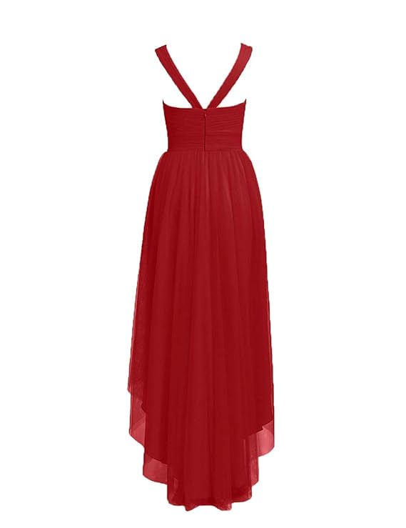 High Low Bridesmaid Dresses Tulle Hi-Lo Prom Party Dress V-Neck Evening Formal Gowns (Red)
