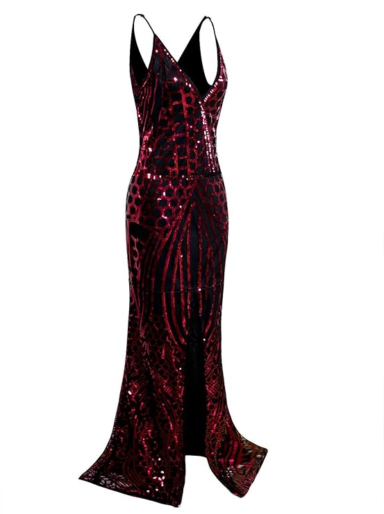 Long Slit Prom Dresses Deep V Neck Sequin Mermaid Bridesmaid Evening Dress (Red)