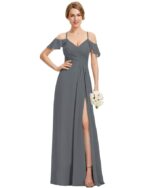 Women's Long Spaghetti Straps Bridesmaid Dress with Slit Off Shoulder Chiffon Formal Party Gowns MDPM128