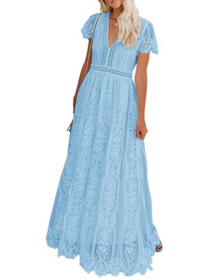 Women's V Neck Short Sleeve Floral Lace Wedding Dress Bridesmaid Cocktail Party Maxi Dress (Light Blue)