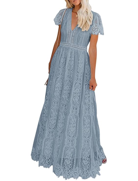 Women's V Neck Short Sleeve Floral Lace Wedding Dress Bridesmaid Cocktail Party Maxi Dress (Grayblue)