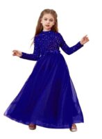 Glitter Sequins Long Sleeves Flower Girls Dresses for Wedding Tulle Birthday Party Christmas Dress for Girl (BLUE)