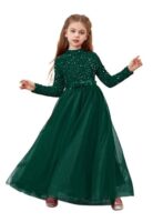 Glitter Sequins Long Sleeves Flower Girls Dresses for Wedding Tulle Birthday Party Christmas Dress for Girl (GREEN)