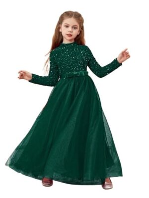 Glitter Sequins Long Sleeves Flower Girls Dresses for Wedding Tulle Birthday Party Christmas Dress for Girl (GREEN)