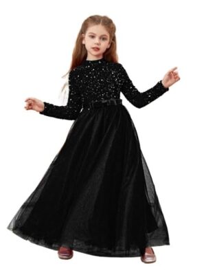 Glitter Sequins Long Sleeves Flower Girls Dresses for Wedding Tulle Birthday Party Christmas Dress for Girl (BLACK)