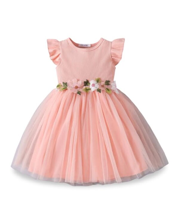 Peach Floral Tulle Dress with Ribbed Bodice, Ruffled Sleeves, 3D Flower Waistband & Soft Net Skirt for Party & Casual Wear for Girls