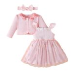 Girls Pink Short Sleeves Flower Detail Shrug Dress