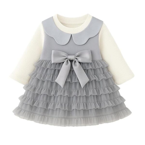 Baby Girl Long Sleeve Princess Dress – Soft Cotton Round Neck Flower Dress for Toddler Girls, Birthday, Party & Casual Wear (Grey AD3)
