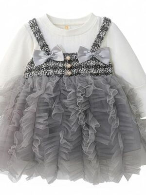 Baby Girl Long Sleeve Princess Dress – Soft Cotton Round Neck Flower Dress for Toddler Girls, Birthday, Party & Casual Wear (Grey AD53)