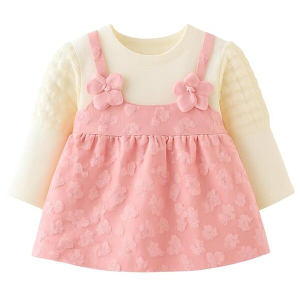 Baby Girl Long Sleeve Princess Dress – Soft Cotton Round Neck Flower Dress for Toddler Girls, Birthday, Party & Casual Wear (Pink AD1)
