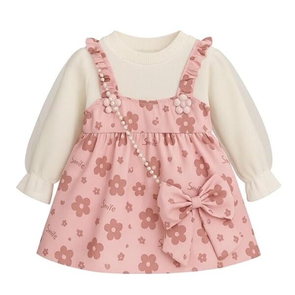 Baby Girl Long Sleeve Princess Dress – Soft Cotton Round Neck Flower Dress for Toddler Girls, Birthday, Party & Casual Wear (Pink AD5)