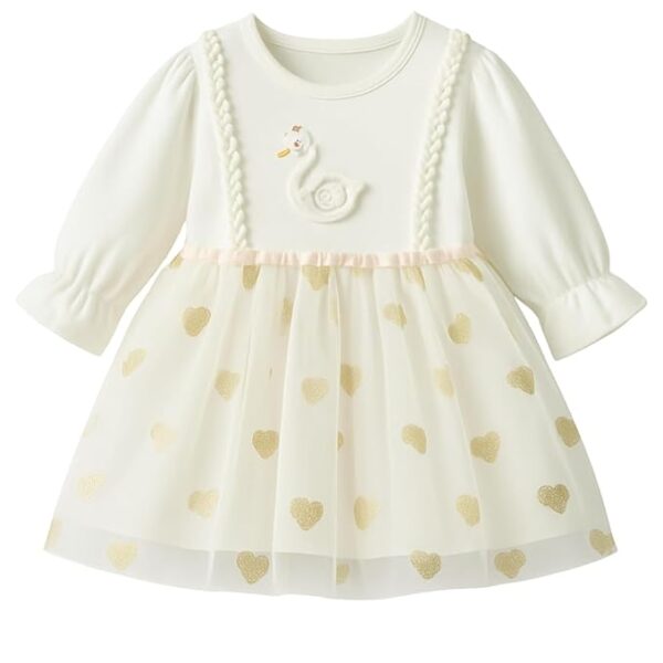 Baby Girl Long Sleeve Princess Dress – Soft Cotton Round Neck Flower Dress for Toddler Girls, Birthday, Party & Casual Wear (White AD4)