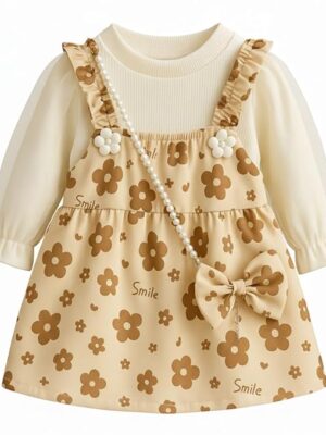 Baby Girl Long Sleeve Princess Dress – Soft Cotton Round Neck Flower Dress for Toddler Girls, Birthday, Party & Casual Wear (Peach Pink AD47)