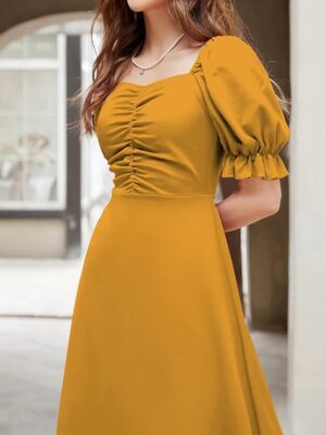 Girl's & Women's Solid A-Line Ruched Puff Sleeve Maxi Long Evening One Piece Long Dress for Women Stylish (Mustard)