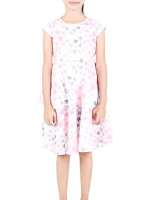Floral Print Midi Dress, Cap Sleeve, Ruffle Detail, Blue with Pink Flowers