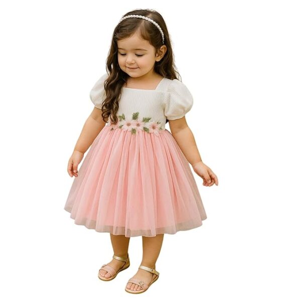 Girls Dress with Puff Short Sleeves Floral Embroidery Net and Modal Toddler Outfit for Kids (Pink)