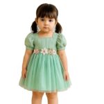 Girls Dress with Puff Short Sleeves Floral Embroidery Net and Modal Toddler Outfit for Kids (Green)