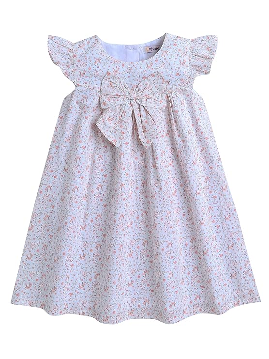 Girl Ditsy Flower Print Dress Round Neck 100% Cotton A-Line Cap Sleeves Fit and Flare Frock/Dress for Baby Girls
