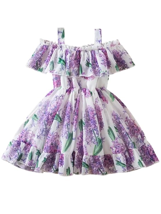 Girl's Floral Printed Frock Dress for Girls Short Frock Baby Princess Western Dresses| Stylish Fancy Kids Clothing for Festival, Fashion (Purple)