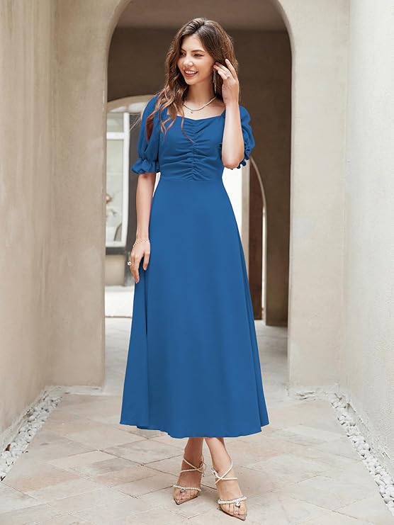 Girl's & Women's Solid A-Line Ruched Puff Sleeve Maxi Long Evening One Piece Long Dress for Women Stylish (Morpeach)