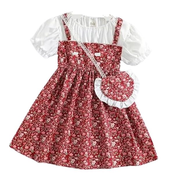 Short Sleeve All Over Flower Printed Square Neck Baby Girl Frock with Knee-Length and A-Line Style (Maroon)