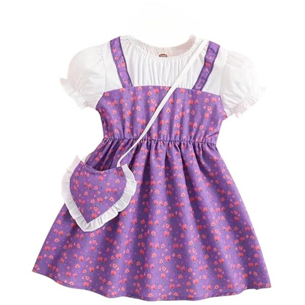 Short Sleeve All Over Flower Printed Square Neck Baby Girl Frock with Knee-Length and A-Line Style (Purple)