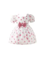 Girls Floral Jacquard Knee Length Party Frock Dress Short Sleeves, Zipper Closure, Elegant Flower Print, Kids Birthday & Special Occasion Wear (Pink)