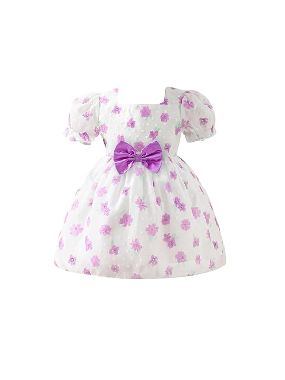 Girls Floral Jacquard Knee Length Party Frock Dress Short Sleeves, Zipper Closure, Elegant Flower Print, Kids Birthday & Special Occasion Wear (Purple)