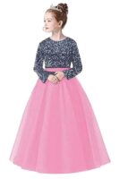 Glitter Sequins Long Sleeves Flower Girls Dresses for Wedding Tulle Birthday Party Christmas Dress for Girl（baby Pink）